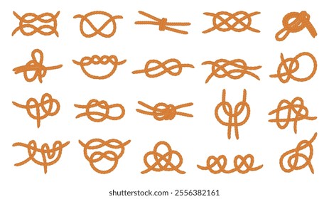 Cartoon isolated rope knots. Sailing boating braided cords, lasso from ropes. Nautical elements, twisted loops from threads. Marine neoteric vector set