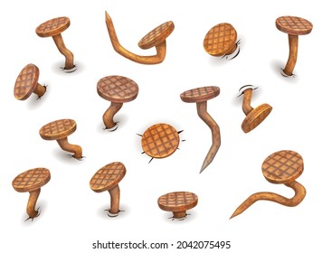 Cartoon isolated rusty bent nails and hobnails, vector icons. Nails bent by hammer with iron heads, old pins or spikes with rust, crooked or broken and curved with sharp edges