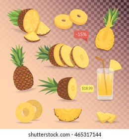 Cartoon isolated set of cute pineapples. Collection sliced vector pineapple.
