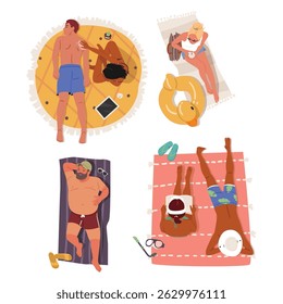 Cartoon isolated set of relaxed people characters in swimwear sunbathing on beach enjoying summer vacation time. Men women alone or with lovely friend having comfortable relaxation vector illustration