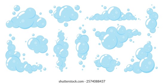 Cartoon isolated soap foam. Bubbles elements borders, foam for hand washing, shower or bath. Laundry and cleaning, shampoo gel soda racy vector effects