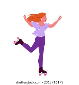 Cartoon isolated sporty young beautiful woman wearing boots with wheels to move with fun and speed, enjoy active motion and rollerskating. Girl riding on fast roller skates vector illustration