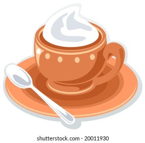 Cartoon isolated stylized cup of coffee with  cream on a white background.