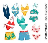 Cartoon isolated swimsuit and underwear template collection for man and woman, fashion shorts, panties and pants, casual bikini and bra to swim, beachwear models. Swimwear set vector illustration