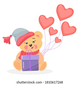 
Сute, cartoon, isolated teddy bear in a warm hat holds a gift and balloons. 
For postal greeting cards, flyers, labels. 
Vector illustration on white background.