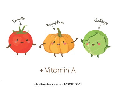 Cartoon isolated tomato, pumpkin, cabbage. Cartoon tomato, pumpkin, cabbage on white background.