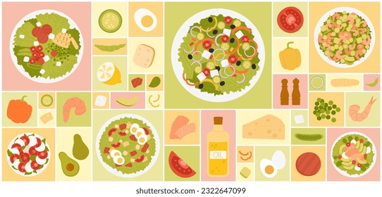 Cartoon isolated top view of healthy food, salad plates and ingredients, fresh vegetable and shrimp, salmon avocado slice in trendy geometric design background. Salad square set vector illustration.