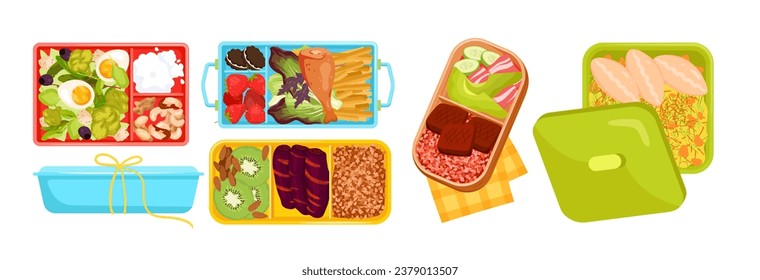 Cartoon isolated top view of open plastic divided trays with packed portions, healthy meals and snacks menu in lunchbox containers for eating in lunchtime