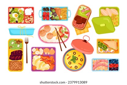 Caricatura aislada vista superior de bandejas abiertas de plástico divididas con porciones empacadas, comidas saludables y menú de aperitivos en contenedores de lonchbox para comer a la hora del almuerzo. Caja de almuerzo con juego de alimentos