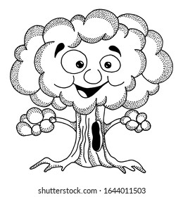 Cartoon an isolated tree with big eyes. Black outline Hand drawing coloring book for children and adults. Beautiful drawings with small details. Design for cards, flyers, brochures. Vector. Eps 8.