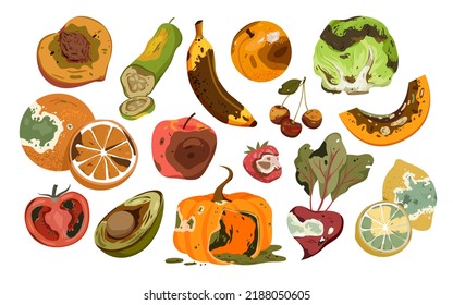 Cartoon isolated ugly waste collection with different old damaged food with rot, mold and dirty peel from biodegradable recycle garbage bin. Rotten fruit and vegetables set vector illustration