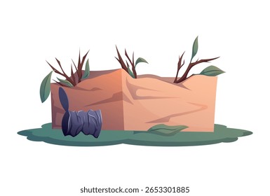 Cartoon isolated vector of a crumpled cardboard box with dry twigs and leaves on grass, next to a tin can. Concept of wildlife using trash for shelter, recycling, animal behavior, and urban ecology.