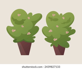 Cartoon isolated vector decorative street bushes or shrubs with flowers in a pot.