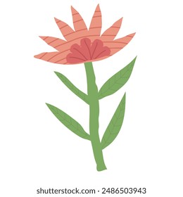 Cartoon isolated vector drawing of a flower with green leaves and pink petals. The flower is drawn in a stylized manner, with textural emphasis on the petals and stem. The scene is whimsical and playf