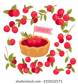 Cartoon isolated vitamin red berry fruit on branch with leaf, summer twig of botanical plant and organic food ingredient for portion cranberry sweet cake or tart