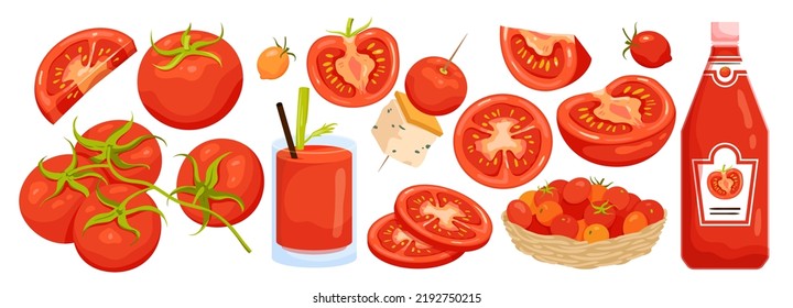 Caricatura aislada vegetal orgánica completa con hoja verde, cortada a la mitad, cuñas y rodajas, botella de ketchup rojo y plato de mimbre con tomates de cerezo. Conjunto de tomate, ilustración vectorial de ingrediente alimentario