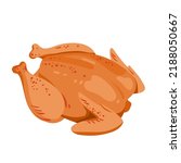 Cartoon isolated whole roasted or baked chicken with delicious toasted crust, hot tasty food for lunch or dinner at home, cafe or restaurant. Whole fried chicken, top view vector illustration