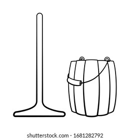 Cartoon isolated wooden mop and bucket for cleaning in black lines. White background, vector.