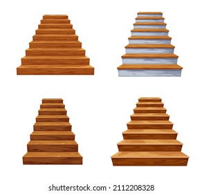 Cartoon isolated wooden   stone stairs  wood staircase   stairway  Modern stair flights without railings  decorative wooden step treads   rock risers  house   castle interior objects