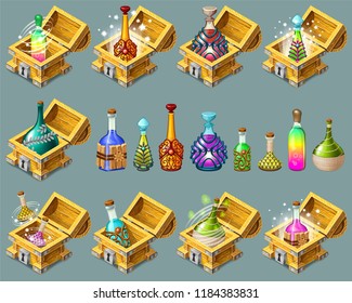 Cartoon isometric chests with poison or magical drink in glass bottle, decorated with precious stone, ornament and wood. Set treasure for computer game on gray background. Isolated vector illustration