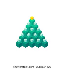 Cartoon isometric Christmas tree made of small and large cubes. Can be used for creating logotype, calendar, banner, greeting card, invitation. Vector illustration isolated on white background 