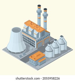 complejo de fábrica isométrica de dibujos animados, ilustración vectorial