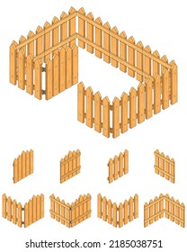 Cartoon isometric fence. Set of wooden fence for games. 3d set in isometric projection. Vector illustration in cartoon and game style.