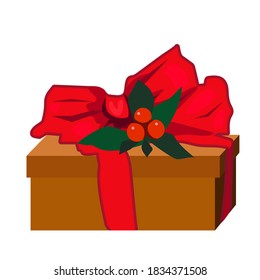 Cartoon isometric gift for the new year in a cardboard brown box with red ribbon and decoration of berries and leaves.