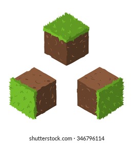 Cartoon Isometric grass and rock stone game brick cube. The vector illustration for ui, web games, tablets, wallpapers, and patterns.