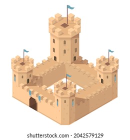 cartoon isometric medieval castle with towers and gates, vector illustration