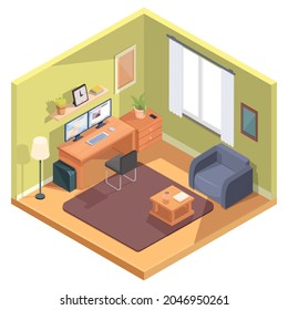 cartoon isometric room with computer and furniture, vector illustration