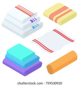 Cartoon isometric towels vector set. Cloth folded towel for bath.