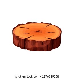 Cartoon isometric tree trunk slice isolated on white background. Wooden log cross section with splits and cracks vector illustration