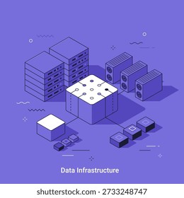 Cartoon Isometric vector illustration of data infrastructure with server racks, mining farms. Thin line concept for big data, cloud computing.