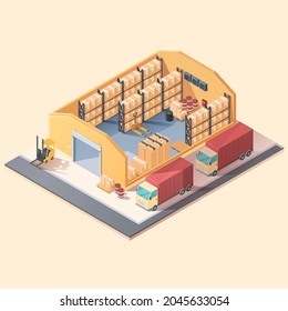 almacén isométrico de dibujos animados con cajas y aparatos, ilustración vectorial