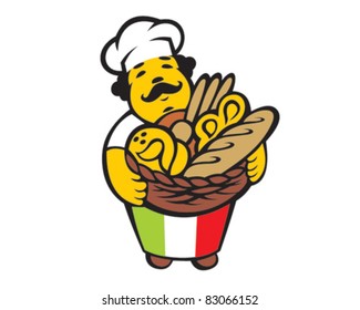 Cartoon italian baker takes basket with bread and buns