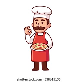 Cartoon Italian chef holding pizza making traditional Bon Appetit gesture. Cute vector illustration.