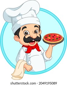 Cartoon italian chef holding a tray with pizza