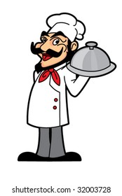 Cartoon Italian chef mascot with green and red background, vector illustration