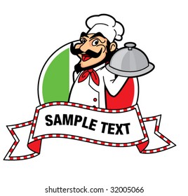 Cartoon Italian chef mascot with green and red background, vector illustration
