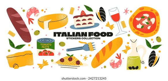 Cartoon Italian food stickers. Set of traditional dishes: pasta, pizza, cheese, ravioli, wine, olives. Tourist stickers, Italian delicacies. Vector set of elements