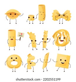 Cartoon Italian pasta characters. Funny noodle products, ravioli mascot and happy cavatappi. Fettuccine, cannelloni and rigatoni cartoon vector illustration set of happy character pasta