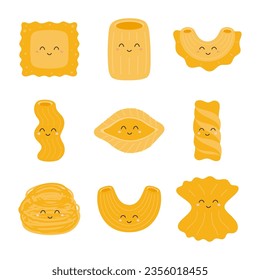 cartoon italian pasta characters, funny noodle products spaghetti, rigatoni, farfalle, ravioli and fusilli, vector illustration of italian food in flat style