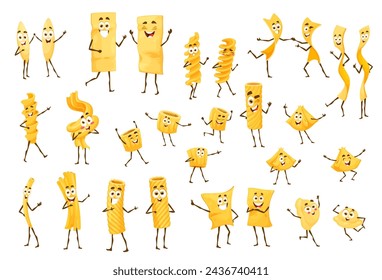 Cartoon Italian pasta characters. Lasagna, orzo, fusilli, korte tagliatelle and all uovo, eliche, eliche, funghetto, ditalini and rigatoni Italian pasta isolated vector cheerful personages or mascots