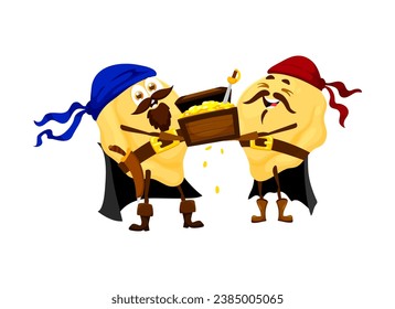 Cartoon italian pasta pirate or corsair sailors characters with treasure chest, funny vector personages of traditional macaroni food. Orecchiette pasta pirates with swords and wood box full of gold