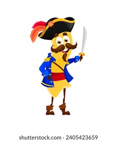 Cartoon italian pasta pirate or corsair captain character with sword, Italy food vector personage. Happy tagliatelle corte macaroni buccaneer with black tricorn hat and sabre, funny pasta pirate emoji