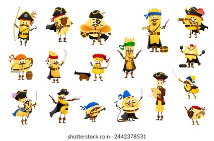 Cartoon italian pasta pirates and corsairs characters. Isolated vector farfalle, conchiglie, ditalini and fusilli. Maccheroni, fettuccine, spaghetti or conchiglioni. Ravioli, tortellini and stelle