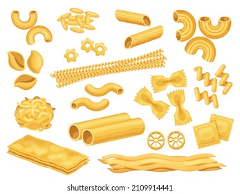 Cartoon italian pasta types, macaroni, spaghetti and ravioli. Dry penne, farfalle, rigatoni and lasagna noodles. Pasta products vector set. Menu with traditional cuisine for restaurant