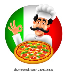 Cartoon italian pizza chef on round italy flag isolated on white vector