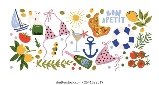 Cartoon Italian summer stickers in retro 90s style. Summer party, vacation, beach season, pizza, sun, cocktails. Bright summer elements and shapes. Sticker pack of patches, labels, stamps